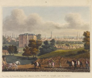 Miasto Bruksela, od wejścia do Foret de Soignes, z szlabanem, 1815, z „Relacji historycznej z bitwy pod Waterloo”, 1817 (kolorowa akwatinta)