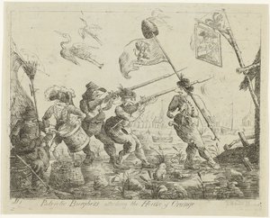 Spotprent op Goejanverwellesluis, 1787 Patriotyczni mieszczanie atakujący Dom Orange (tytuł na obiekcie)