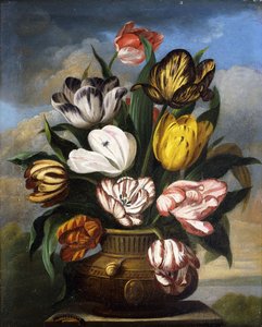 Tulipany w wazonie z gąsienicą, ślimakiem i muchą na cokole w krajobrazie, 1826