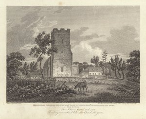 Robert Bloomfield, poeta: Honington Church i domek, w którym urodził się Robert Bloomfield (grafika) autorstwa James Storer