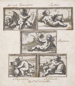 sztuka i handel; Sprawiedliwość; Roztropność; Wstrzemięźliwość; i Męstwo, autorstwa James Thornhill