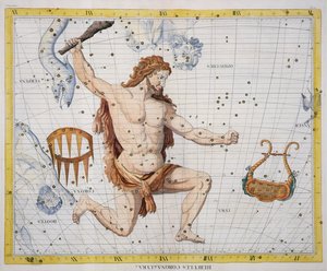 Konstelacja Herkulesa z Koroną i Lirą, tablica 21 z "Atlas Coelestis", autorstwa Johna Flamsteeda (1646-1710), wydana w 1729 r. (rycina ręcznie kolorowana)