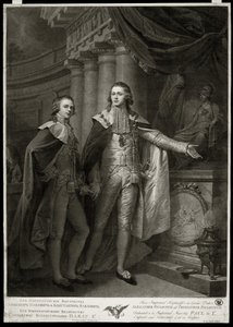 Portrety wielkich książąt Rosji Aleksandra I Pawłowicza (1777-1825) i Konstantyna Pawłowicza (1779-1831). Praca Jamesa Walkera (1748-około 1808), rycina 1797. Sztuka angielska