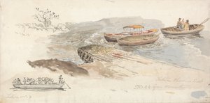 Zadaszona łódź i dwie łodzie wiosłowe na nabrzeżu; Wstawka po lewej, studium ołówkiem promu Tintern Livestock Ferry-boat autorstwa James Ward
