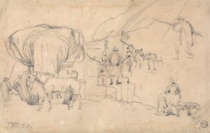 Arkusz szkiców: wóz, koń, dojarka i inne studia nad figurami autorstwa James Ward