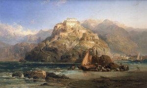 Widok na San Sebastian (Hiszpania), w centrum góra Urgull i budynki zamku Santa Cruz de la Mota. Olej na płótnie autorstwa Jamesa Webba (działającego w latach 1853-1888).