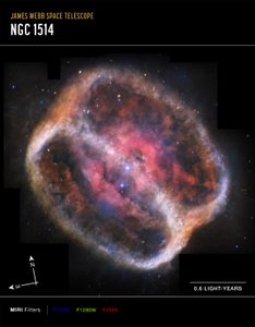 Mgławica planetarna NGC 1514 (zdjęcie wykonane przez instrument MIRI w trybie Compass) autorstwa James Webb Space Telescope (NASA)