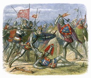 Król Henryk V zaatakowany przez księcia Alencon w bitwie pod Agincourt
