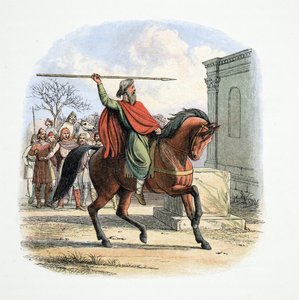 Arcykapłan, Coifi, profanuje Świątynię Bożków, 627 AD, od A Chronicle of England BC 55 do AD 1485, wyd. Londyn, 1863 r. autorstwa James William Edmund Doyle