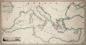 Ogólna mapa Morza Śródziemnego wraz z Zatoką Wenecką, Archipelagiem i częścią Morza Czarnego oraz szlakami żeglugowymi. autorstwa James the Younger Wyld