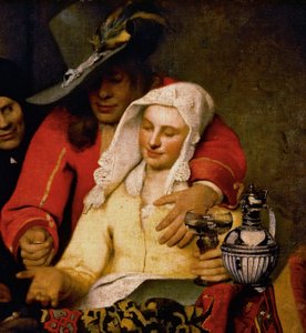 Mężczyzna podaje monetę kobiecie dotykającej jej piersi, szczegół z The Procuress
