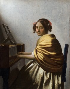 „Młoda kobieta siedząca w wirynale” Obraz Jana Vermeera (Johannes) (1632-1675) ok. 1670 Wymiary 25,1x20 cm Ze zbiorów prywatnych