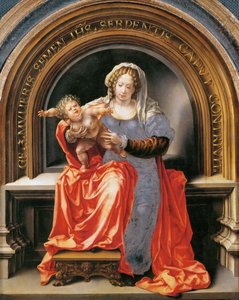 Dziewica z Dzieciątkiem - Jan Gossaert (Gossart, dit Mabuse) (ok. 1478-1532). Olej na drewnie, ok. 1526-1527. Wymiar : 30,6x24,5 cm. Muzeum Historii Sztuki, Wiedeń