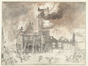 Pożar w starym ratuszu w Amsterdamie autorstwa Jan Abrahamsz. Beerstraten (possibly)