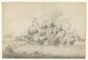 Bitwa morska, prawdopodobnie w Lowestoft 13 czerwca 1665 (prawa strona) autorstwa Jan Abrahamsz. Beerstraten (possibly)