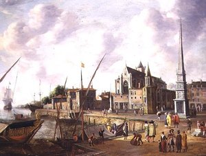 Śródziemnomorska scena portowa z eleganckimi postaciami na nabrzeżu i żeglugą na morzu w oddali autorstwa Jan Abrahamsz. Beerstraten