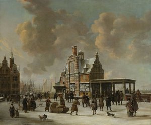 Paalhuis i Nieuwe Brug w Amsterdamie zimą autorstwa Jan Abrahamsz. Beerstraten