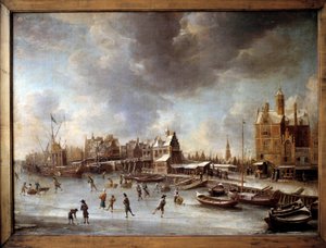 Zimowy krajobraz. Łyżwiarze na zamarzniętym jeziorze. Obraz Burstatena (1622-1666) XVII wiek. Berlin, Państwowe Muzeum