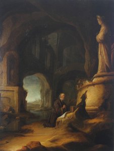 Pustelnik na modlitwie w grocie z klasycznymi ruinami autorstwa Jan Adriansz van Staveren