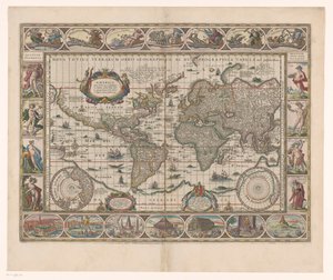 Wereldkaart spotkał się z dekoracyjnym randen Nowa mapa geograficzna i hydrograficzna całego świata autorstwa Jan Aertse van den Ende