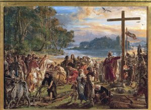 La chhristiannisation de la Pologne, 966 - Chrystianizacja Polski, 966. Z cyklu Historia cywilizacji w Polsce, Matejko, Jan Alojzy (1838-1893). Olej na drewnie autorstwa Jan Alojzy Matejko