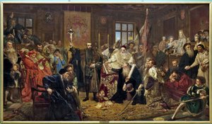 „Unia Lubelska”: traktat polityczny podpisany 1 lipca 1569 r. w Lublinie (Polska), który zjednoczył Królestwo Polskie i Wielkie Księstwo Litewskie w jedno państwo, Rzeczpospolitą Obojga Narodów, rządzoną przez monarchię wyborczy olej na płótnie