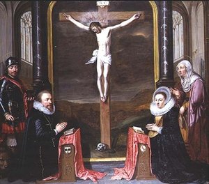 Ukrzyżowanie z portretami darczyńców Adriaena Meusyenbroecka i jego żony Anny Elant, w obecności św. Adriana i św. Elżbiety autorstwa Jan Anthonisz. van Ravesteyn