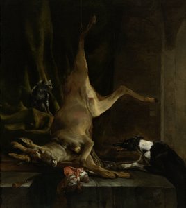 Pies i kot w pobliżu częściowo wypatroszonego jelenia autorstwa Jan Baptist Weenix