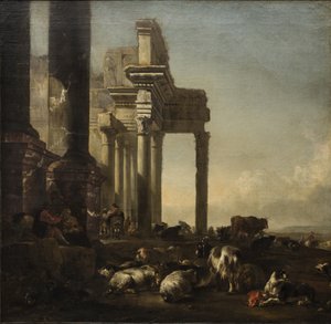Pejzaż włoski z chłopami, bydłem i owcami przy ruinach klasycystycznych, ok. 1650 (olej na płótnie) autorstwa Jan Baptist Weenix