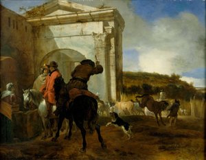Włoski krajobraz z jeźdźcami przy źródle autorstwa Jan Baptist Weenix