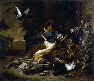 Martwa natura z zwierzyny, w tym zając, cietrzew i kuropatwa, spaniel patrzący z gołębiem w locie, 1680