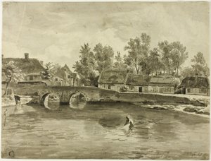 Mężczyzna łowiący ryby w rzece w pobliżu wioski autorstwa Jan Baptiste de Jonghe