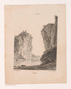 Rotsen langs het water Skały (tytuł na obiekcie) Zasady krajobrazów zaczerpniętych z natury i wykonanych na kamieniu (tytuł serii) autorstwa Jan Baptiste de Jonghe