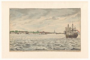 Miasto Kolombo na Cejlonie widziane od północy w roku 1785 z dróg, z wyburzonym kościołem i wieżą, które były odbudowywane. (tytuł na obiekcie) autorstwa Jan Brandes (signed by artist)