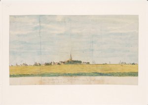 Wieś Overdiem koło Amsterdamu nad Zuyderzee, widziana od strony lądu (tytuł na obiekcie) autorstwa Jan Brandes