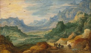 Górzysty krajobraz z podróżnikami i pasterzami na ścieżce autorstwa Jan Brueghel the Elder
