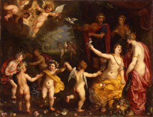 Alegoria miłości: Wenus trzymająca parę uwiązanych gołębi, z Ceres, Apollo i Dianą, w otoczeniu tańczących puttów, w krajobrazie