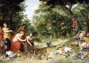 Alegoria żywiołów, ziemi, powietrza i wody: nimfy kąpiące się na zalesionej polanie z pobliskimi trofeami łowów, ok. 1621