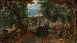 Las z wozami przekraczającymi strumień i jeźdźcami autorstwa Jan Brueghel the Elder