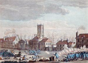 Bitwa przed Eglise de la Chapelle w Paryżu. między strażnikami barier Fermiers Generaux a rewolucjonistami w dniu 24 stycznia 1791 r., ok. 1795 r. autorstwa Jan Bulthuis