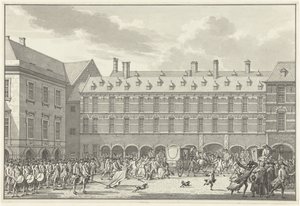 Niepokoje, gdy Deputowani Dordrechtu przejeżdżają przez Stadhouderspoort na Binnenhof, 1786 autorstwa Jan Bulthuis