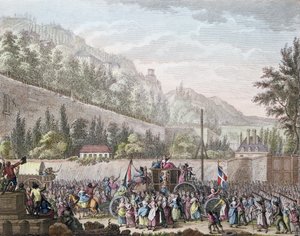 Kobiety z Les Halles w Auteuil podczas wprowadzania francuskiej rodziny królewskiej do Paryża z Wersalu 6 października 1789, 1796