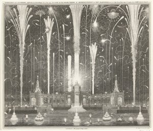 Fajerwerki w Hadze dla pokoju w Akwizgranie, 1749 Wizerunek fajerwerków wystrzelonych w Hadze 13 czerwca 1749, używany przez den Aakensche Vreede / Representation du feu d