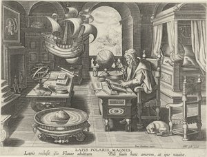 Wynalezienie kompasu Lapis Polaris, Magnes (tytuł na obiekcie) Nowe wynalazki i odkrycia (tytuł serii) Nova Reperta (tytuł serii) autorstwa Jan Collaert (II) (attributed to)