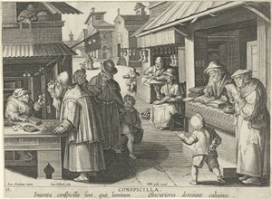 sklep z okularami Conspicillia (tytuł na obiekcie) Nowe wynalazki i odkrycia (tytuł serii) Nova Reperta (tytuł serii) autorstwa Jan Collaert (II)