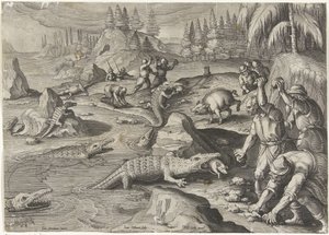 Krokodillenvangst Jachttaferelen (tytuł serii) Polowanie na zwierzynę, ptactwo i ryby w Bestiariuszu (tytuł serii) autorstwa Jan Collaert (II)