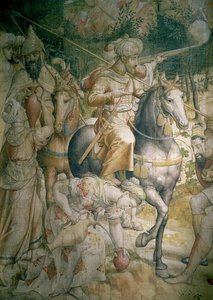Kampania cesarza Karola V przeciwko Turkom pod Tunisem w 1535 r.: klęska Turków w bitwie pod Golettą, fragment kawalerii gaszącej pragnienie, rysunek węgla drzewnego do gobelinu i toaleta
