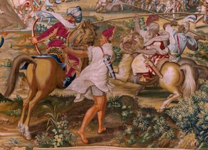 Flamandzki gobelin. Seria Podbój Tunisu. Atak na La Goletę (Ataque a la Goleta). Czwarty gobelin w serii. Model Jan Vermeyen i Pieter Coecke van Aelst. 1543-1548. Produkcja Real Fábrica de Tapices de Santa Bárbara, Madryt