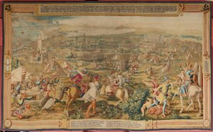 Flamandzki gobelin. Seria Podbój Tunisu. Atak na La Goletę (Ataque a la Goleta). Czwarty gobelin w serii. Model Jan Vermeyen i Pieter Coecke van Aelst. 1543-1548. Produkcja Real Fábrica de Tapices de Santa Bárbara, Madryt