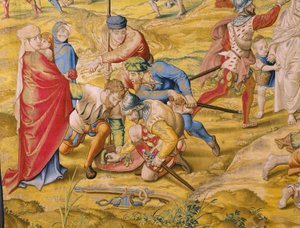Flamandzki gobelin. Seria Podbój Tunisu: Take of Tunis. Rysownik Jan Cornelisz Vermeyen. Studio Willem de Pannemaker, Bruksela. Około 1545. Detal.